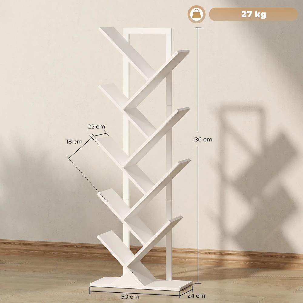 HOMCOM 9-Tier Tree Bookshelf, Industrial Free Standing Bookcase with Steel Frame, Display Storage White Additional View 3