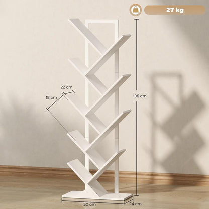 HOMCOM 9-Tier Tree Bookshelf, Industrial Free Standing Bookcase with Steel Frame, Display Storage White Additional View 3