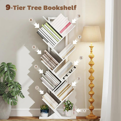 HOMCOM 9-Tier Tree Bookshelf, Industrial Free Standing Bookcase with Steel Frame, Display Storage White Additional View 4