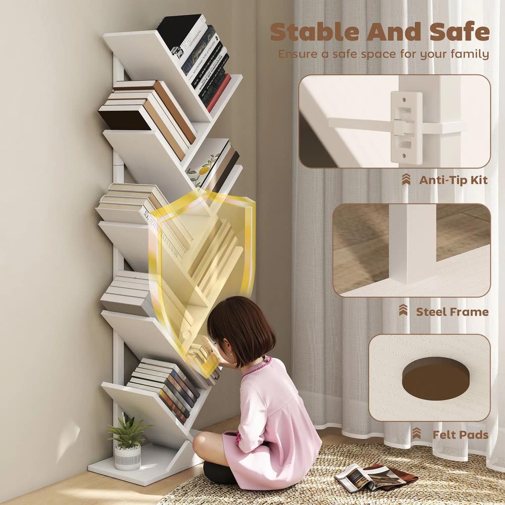 HOMCOM 9-Tier Tree Bookshelf, Industrial Free Standing Bookcase with Steel Frame, Display Storage White Additional View 5