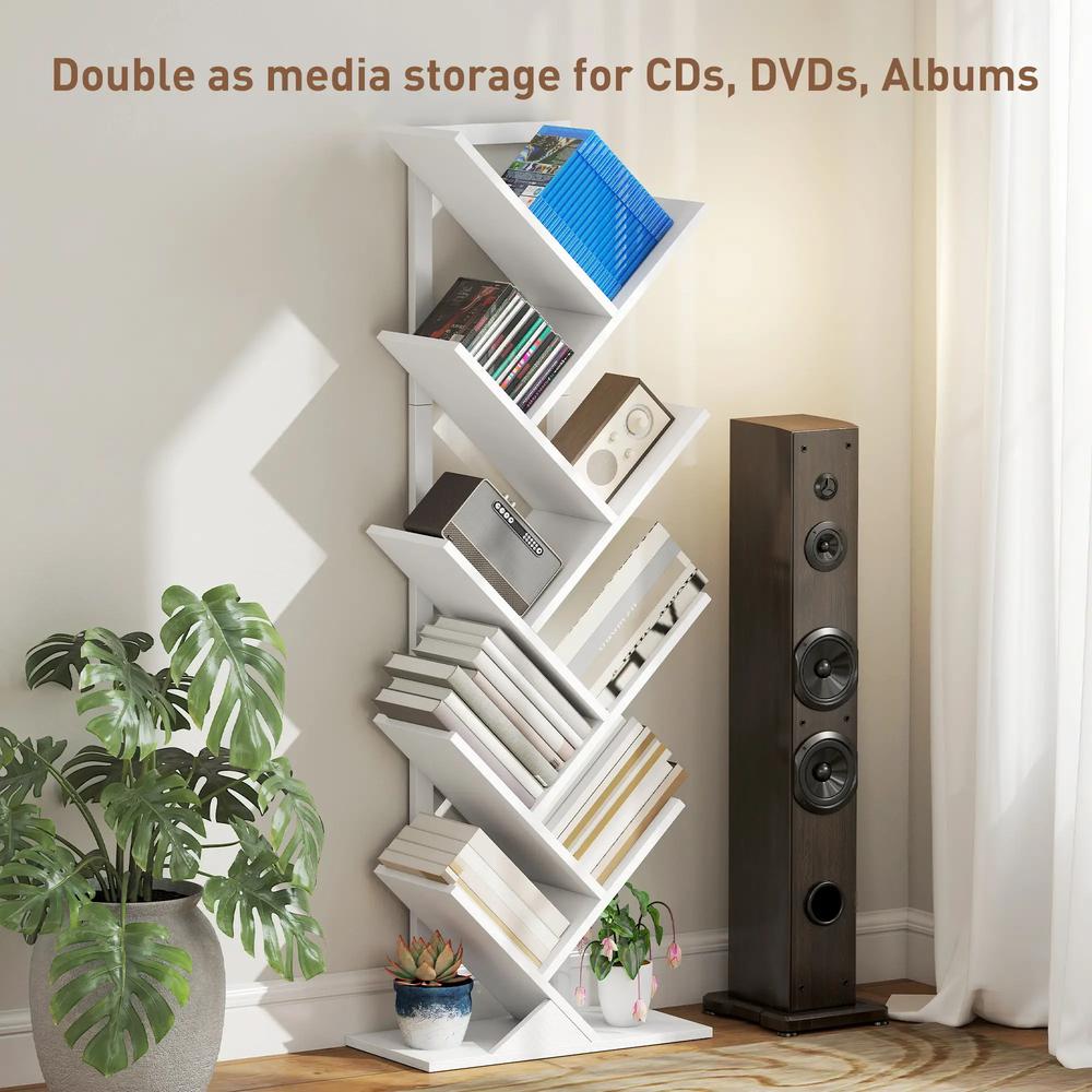 HOMCOM 9-Tier Tree Bookshelf, Industrial Free Standing Bookcase with Steel Frame, Display Storage White Additional View 6
