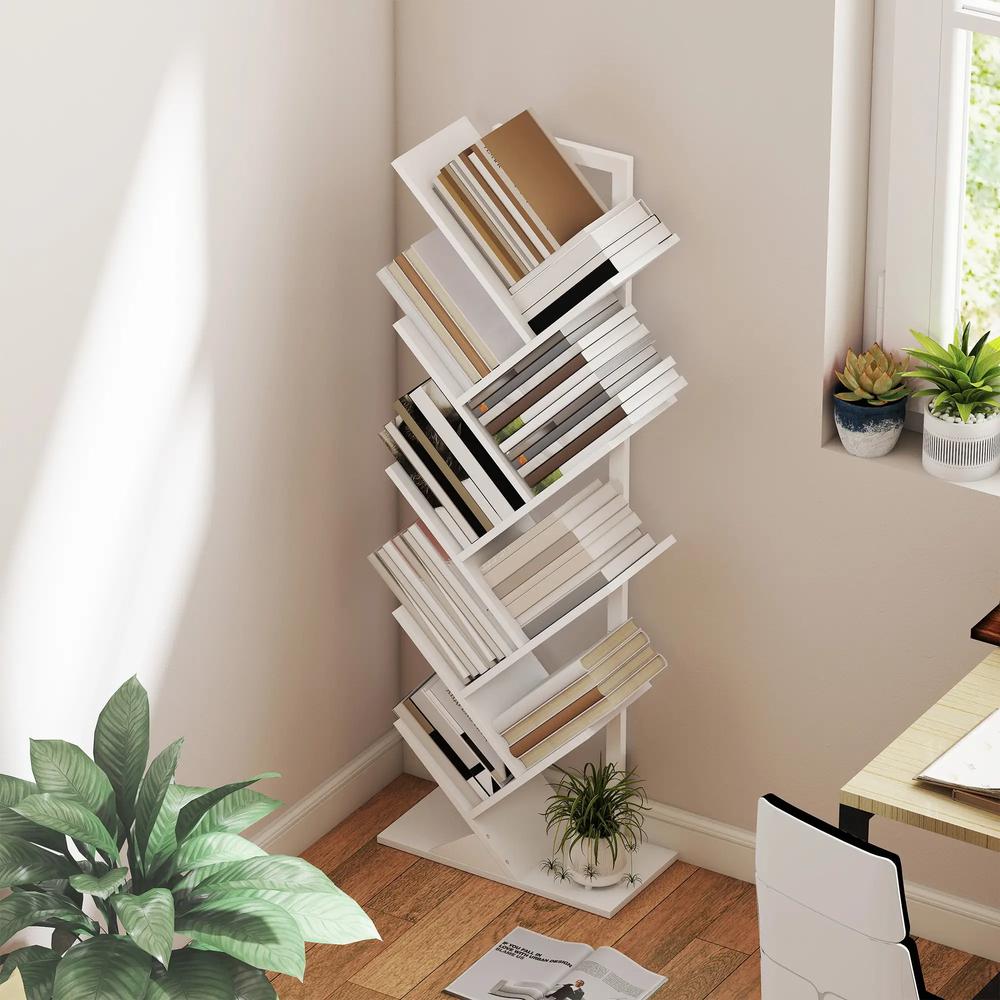 HOMCOM 9-Tier Tree Bookshelf, Industrial Free Standing Bookcase with Steel Frame, Display Storage White Additional View 7