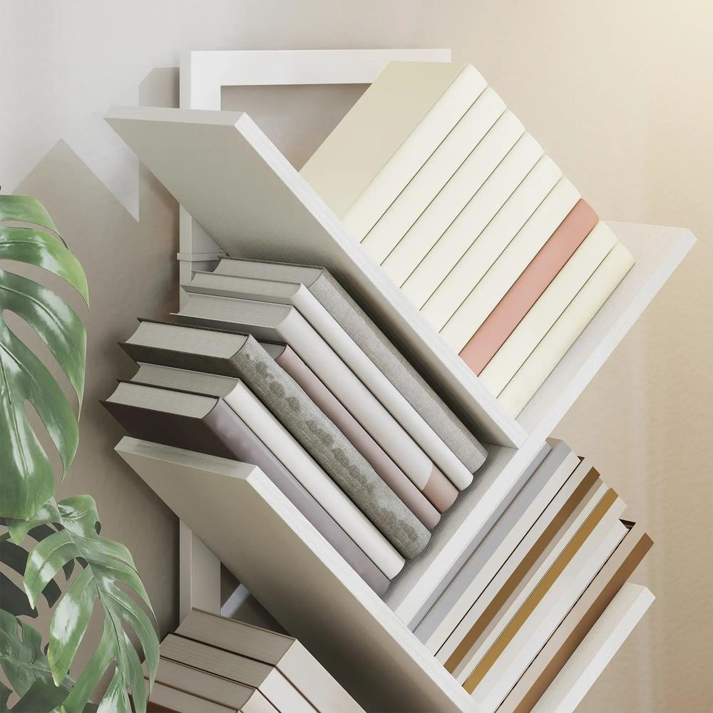 HOMCOM 9-Tier Tree Bookshelf, Industrial Free Standing Bookcase with Steel Frame, Display Storage White Additional View 8