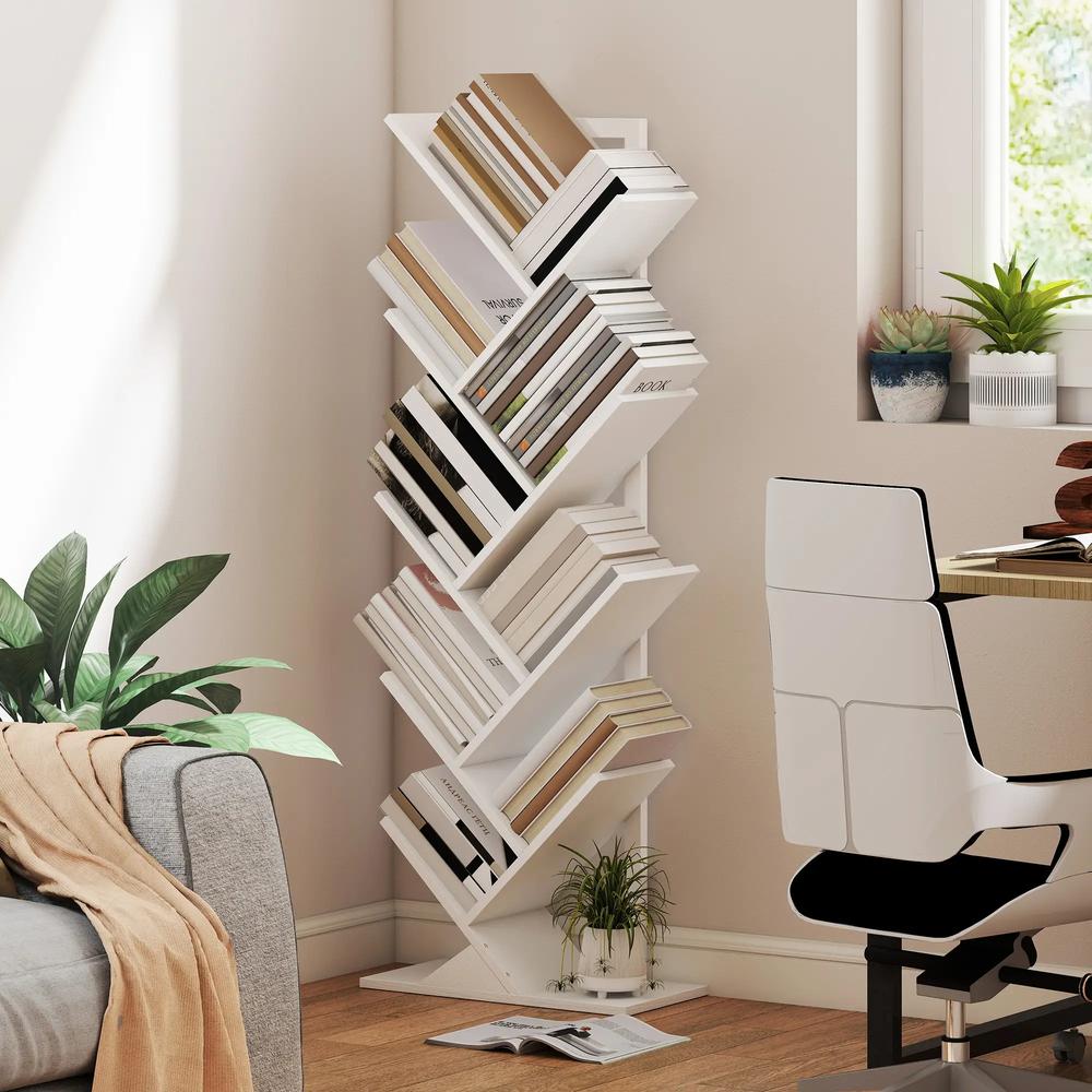 HOMCOM 9-Tier Tree Bookshelf, Industrial Free Standing Bookcase with Steel Frame, Display Storage White Additional View 10