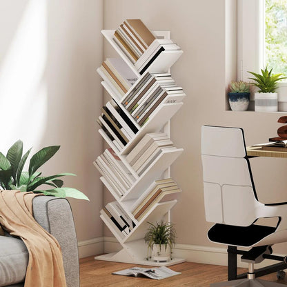 HOMCOM 9-Tier Tree Bookshelf, Industrial Free Standing Bookcase with Steel Frame, Display Storage White Additional View 10