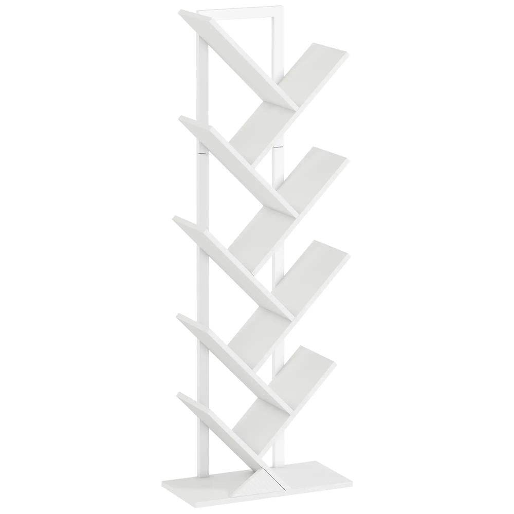 HOMCOM 9-Tier Tree Bookshelf, Industrial Free Standing Bookcase with Steel Frame, Display Storage White