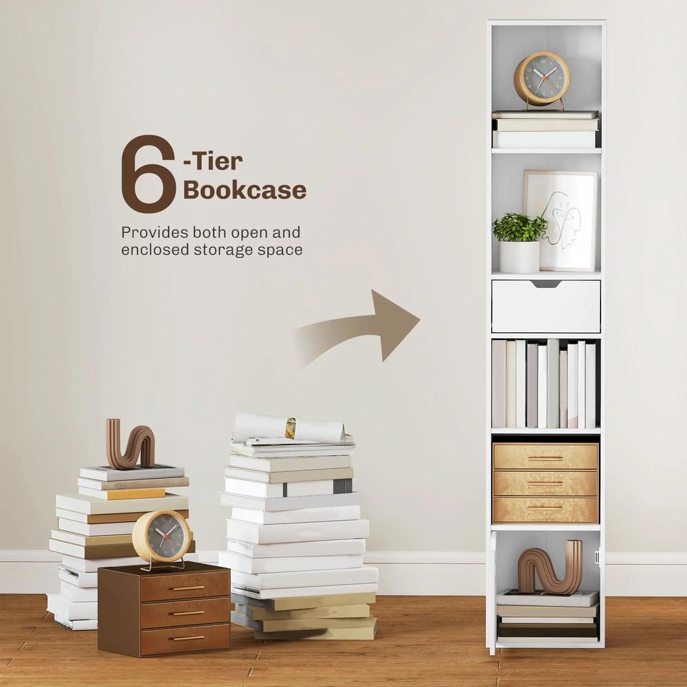 HOMCOM 6-Tier Bookcase, Tall Narrow Bookshelf with Drawer and Door Additional View 15