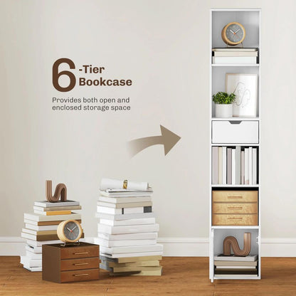 HOMCOM 6-Tier Bookcase, Tall Narrow Bookshelf with Drawer and Door Additional View 15