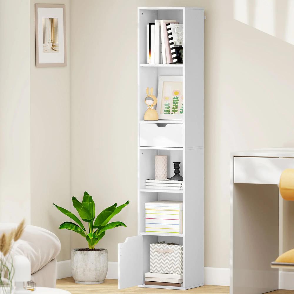 HOMCOM 6-Tier Bookcase, Tall Narrow Bookshelf with Drawer and Door Additional View 20