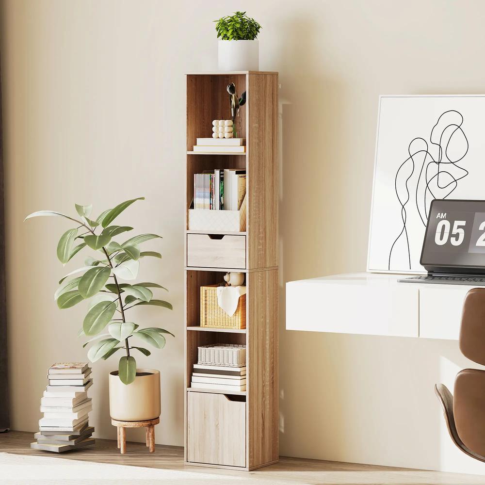 HOMCOM 6-Tier Bookcase, Tall Narrow Bookshelf with Drawer and Door Additional View 2