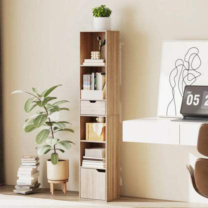 HOMCOM 6-Tier Bookcase, Tall Narrow Bookshelf with Drawer and Door Additional View 2