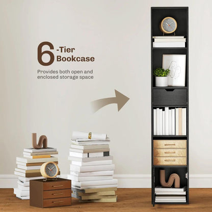 HOMCOM 6-Tier Bookcase, Tall Narrow Bookshelf with Drawer and Door Additional View 26