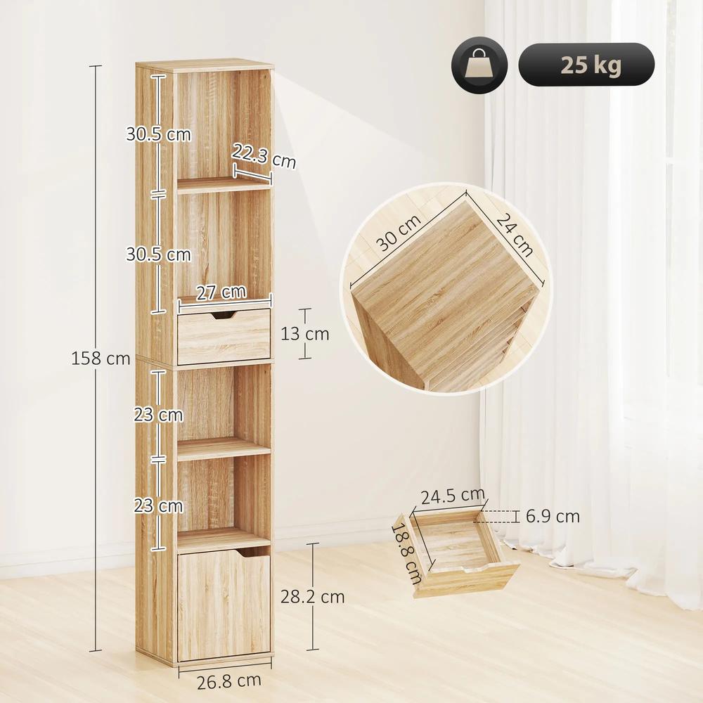 HOMCOM 6-Tier Bookcase, Tall Narrow Bookshelf with Drawer and Door Additional View 3