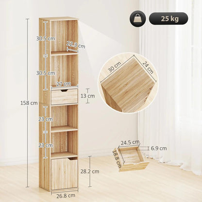 HOMCOM 6-Tier Bookcase, Tall Narrow Bookshelf with Drawer and Door Additional View 3