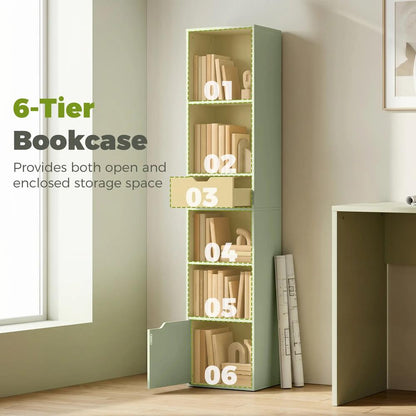 HOMCOM 6-Tier Bookcase, Tall Narrow Bookshelf with Drawer and Door Additional View 37