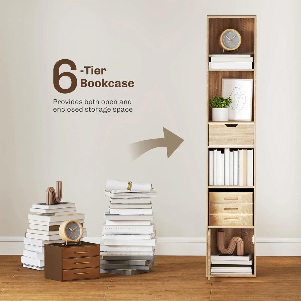 HOMCOM 6-Tier Bookcase, Tall Narrow Bookshelf with Drawer and Door Additional View 4
