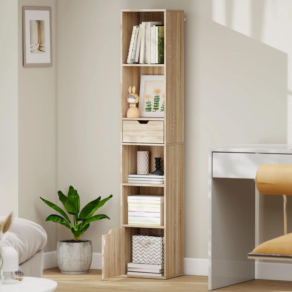 HOMCOM 6-Tier Bookcase, Tall Narrow Bookshelf with Drawer and Door Additional View 9