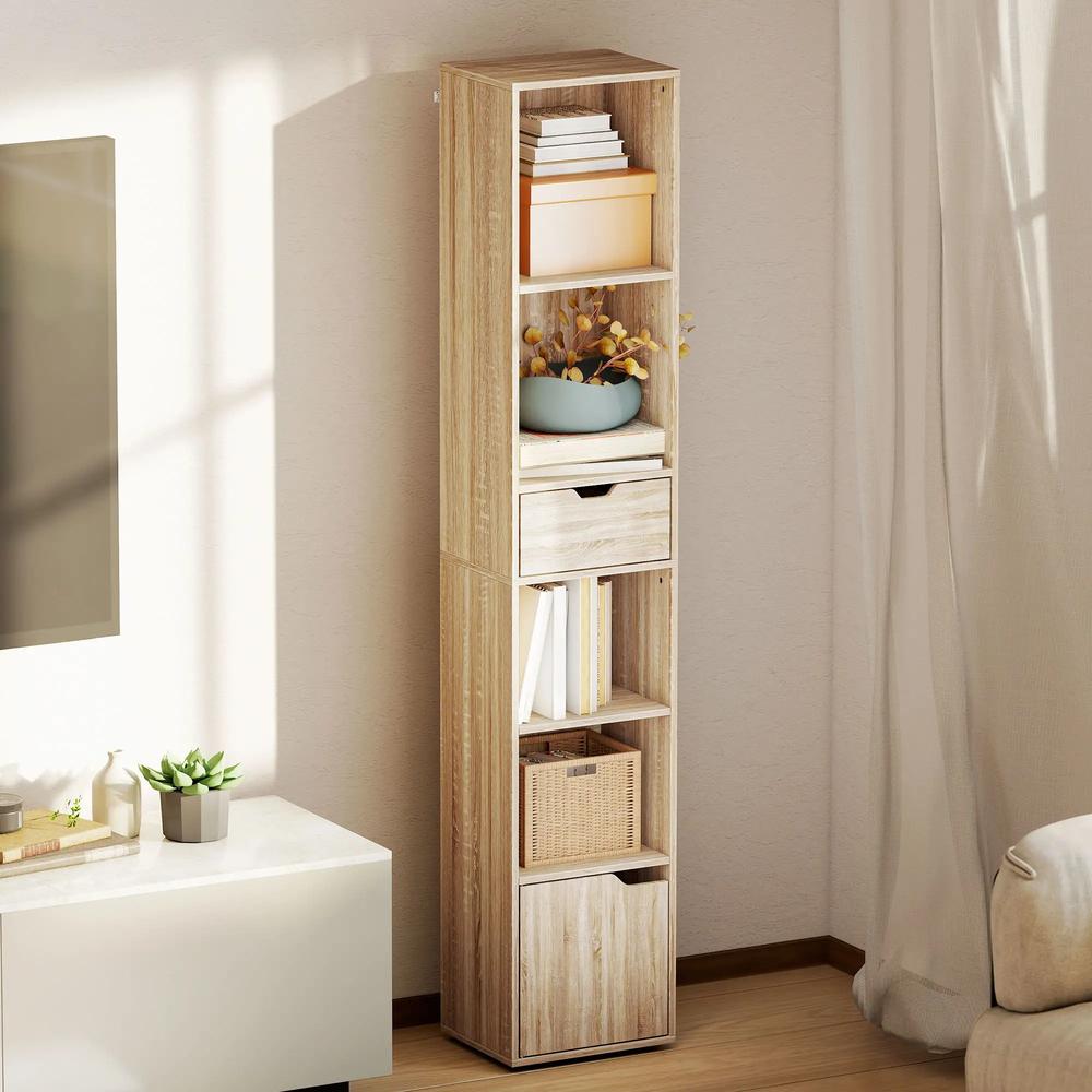 HOMCOM 6-Tier Bookcase, Tall Narrow Bookshelf with Drawer and Door Additional View 10