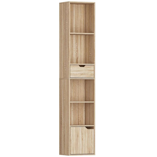 HOMCOM 6-Tier Bookcase, Tall Narrow Bookshelf with Drawer and Door
