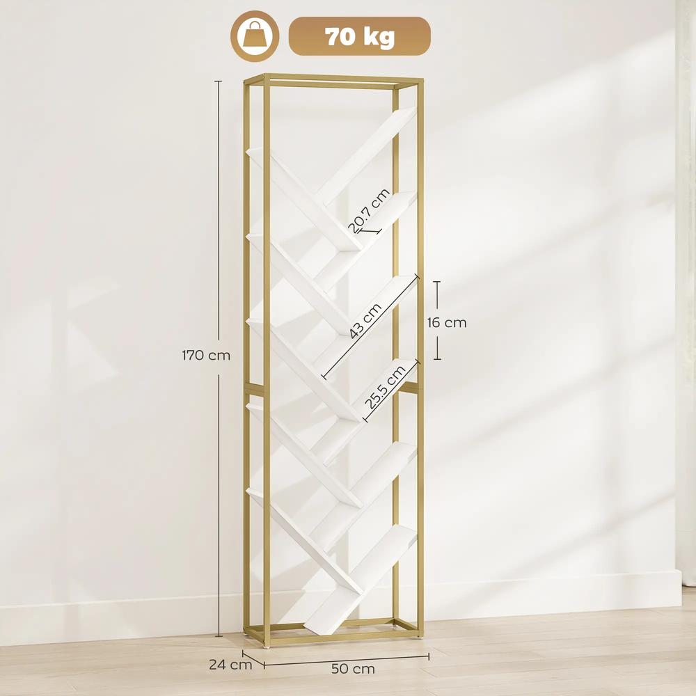 HOMCOM 10 Shelf Modern-Style Bookshelf - Gold Tone/White Additional View 3