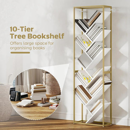 HOMCOM 10 Shelf Modern-Style Bookshelf - Gold Tone/White Additional View 4