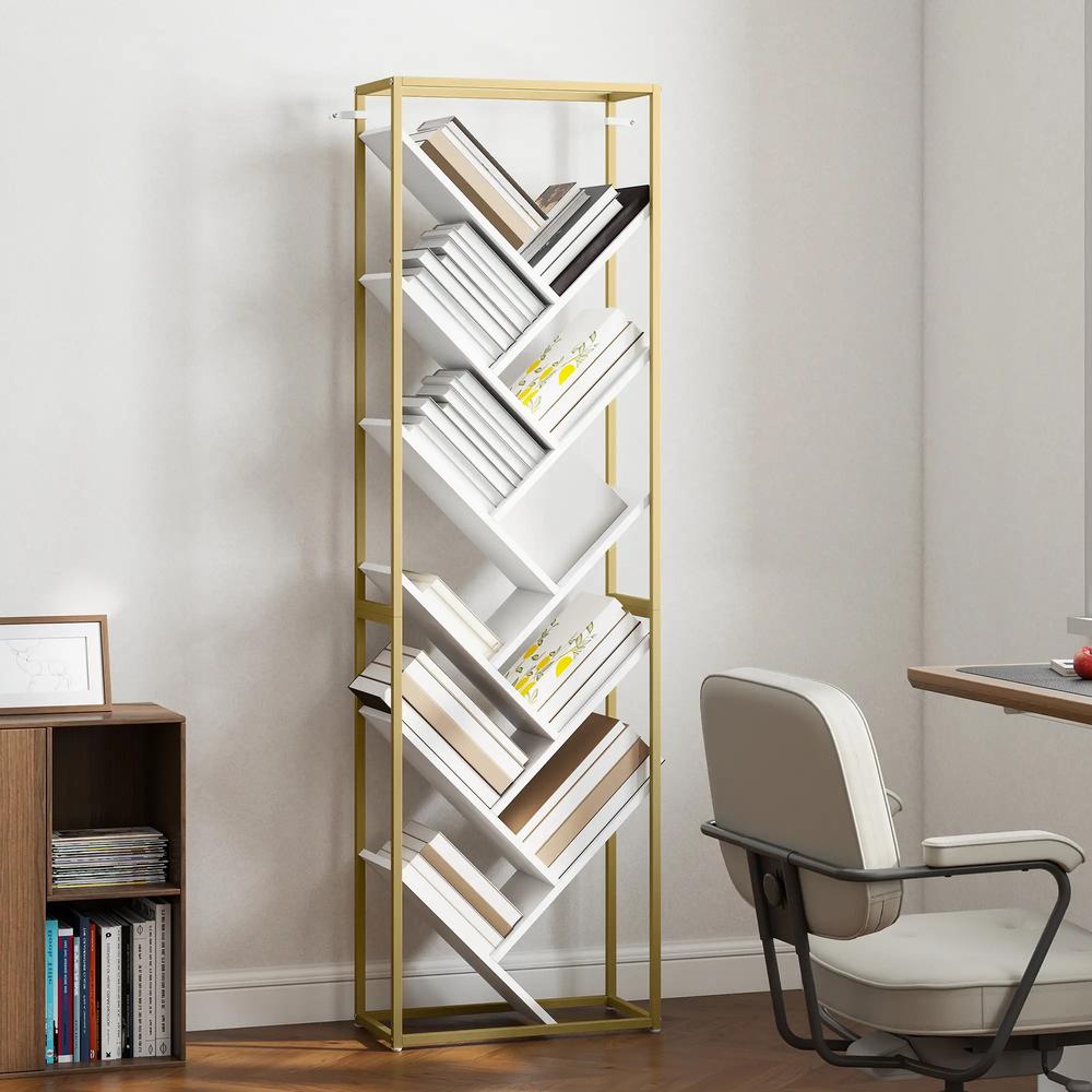 HOMCOM 10 Shelf Modern-Style Bookshelf - Gold Tone/White Additional View 10