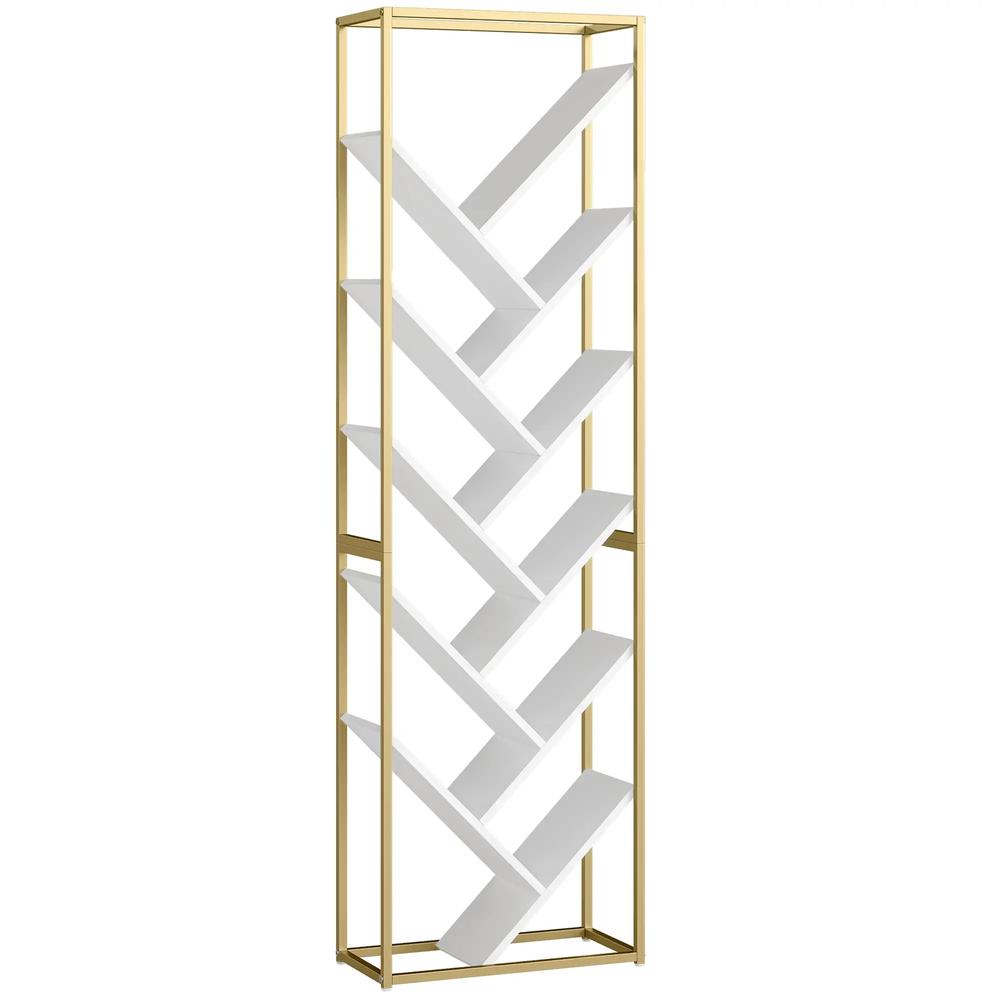 HOMCOM 10 Shelf Modern-Style Bookshelf - Gold Tone/White