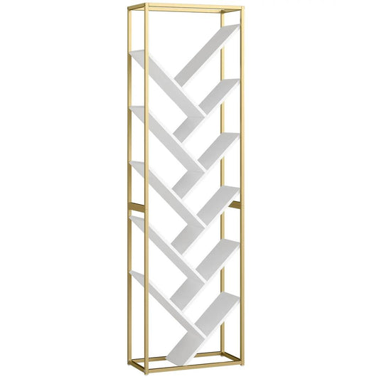 HOMCOM 10 Shelf Modern-Style Bookshelf - Gold Tone/White