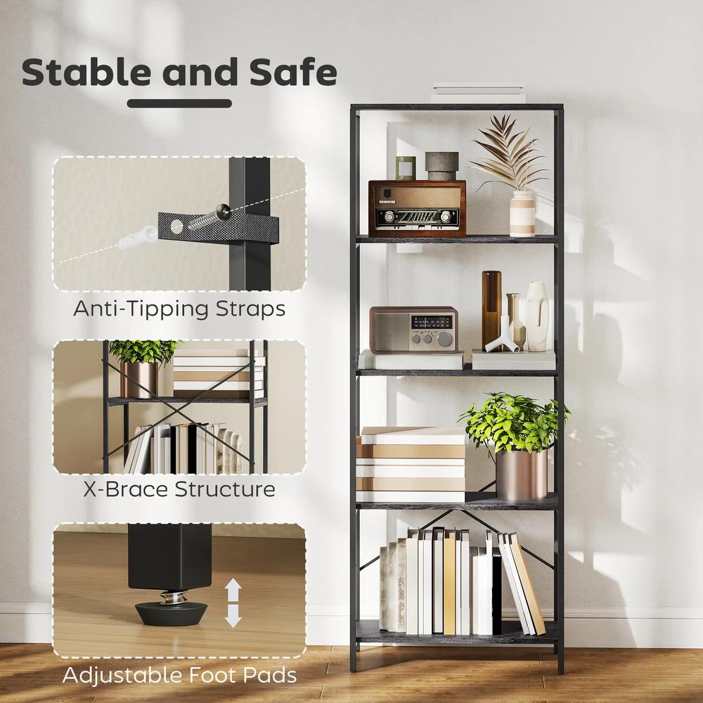 HOMCOM 5-Tier Bookshelf, Industrial Bookcase with Metal Frame Additional View 5