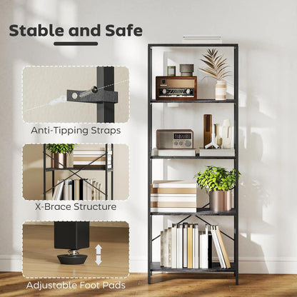 HOMCOM 5-Tier Bookshelf, Industrial Bookcase with Metal Frame Additional View 5