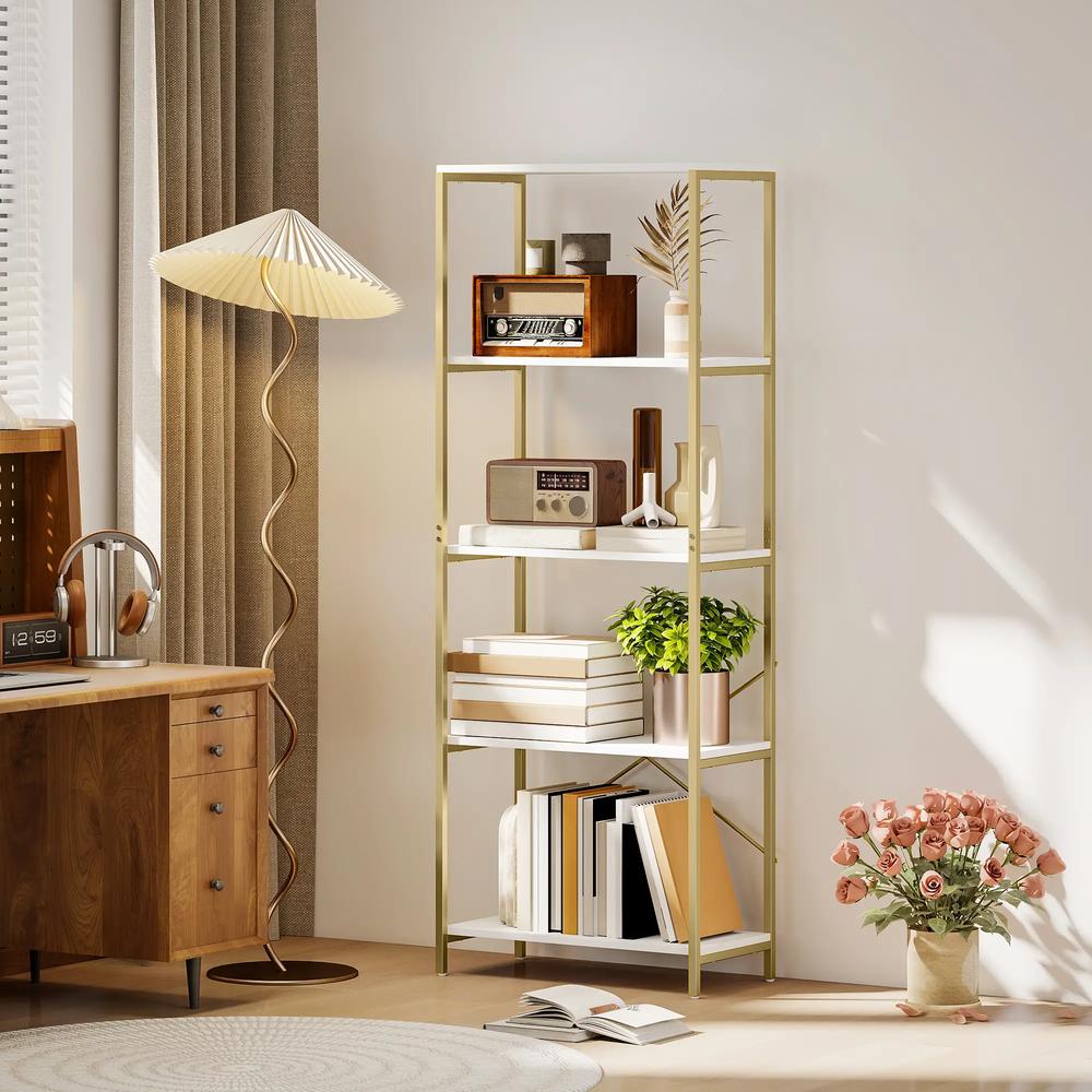 HOMCOM 5-Tier Bookshelf, Modern Bookcase with Metal Frame - White and Gold Tone Additional View 2