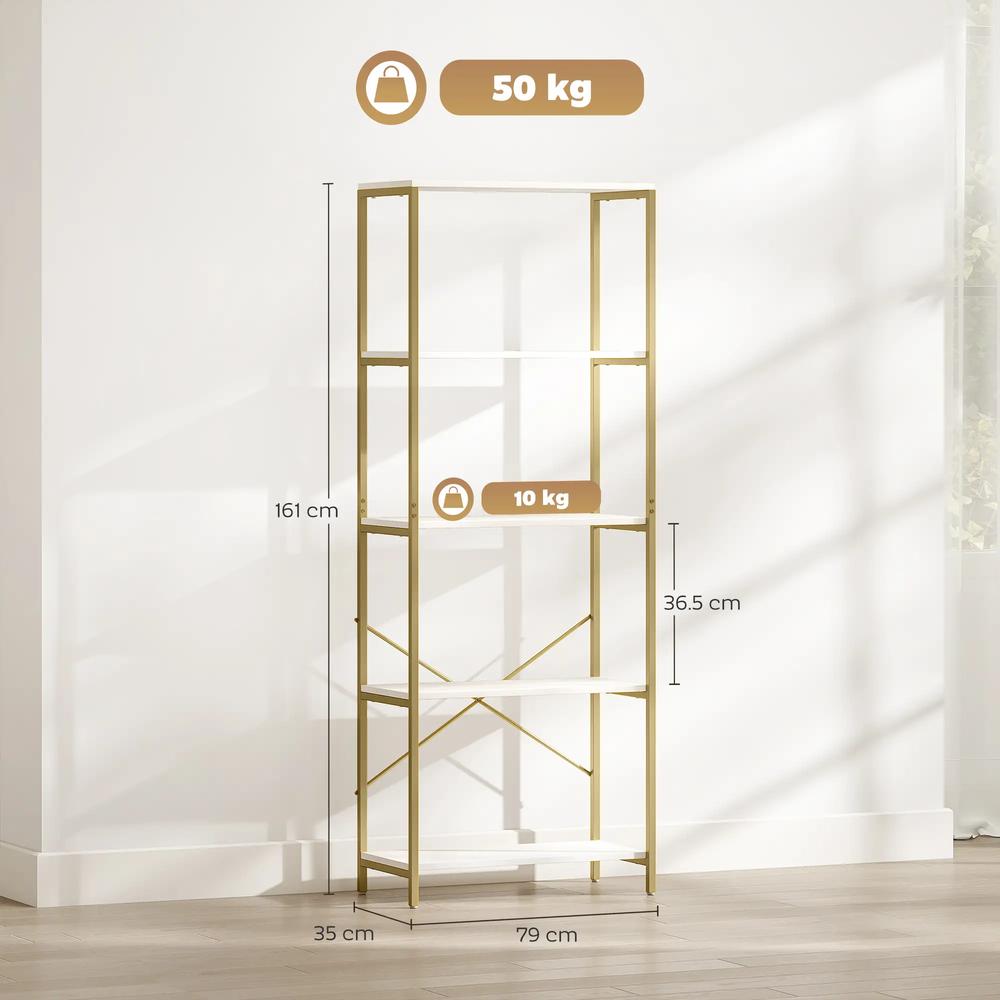 HOMCOM 5-Tier Bookshelf, Modern Bookcase with Metal Frame - White and Gold Tone Additional View 3