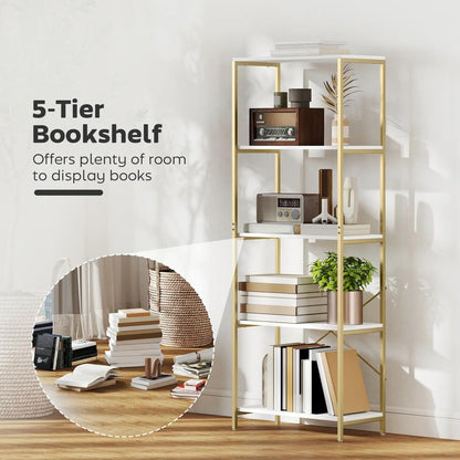 HOMCOM 5-Tier Bookshelf, Modern Bookcase with Metal Frame - White and Gold Tone Additional View 4