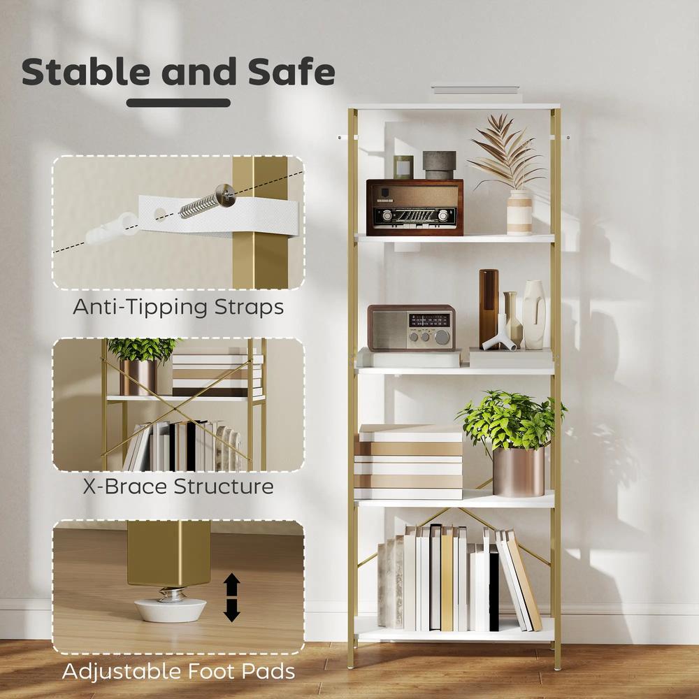 HOMCOM 5-Tier Bookshelf, Modern Bookcase with Metal Frame - White and Gold Tone Additional View 5
