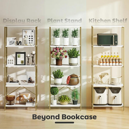 HOMCOM 5-Tier Bookshelf, Modern Bookcase with Metal Frame - White and Gold Tone Additional View 6