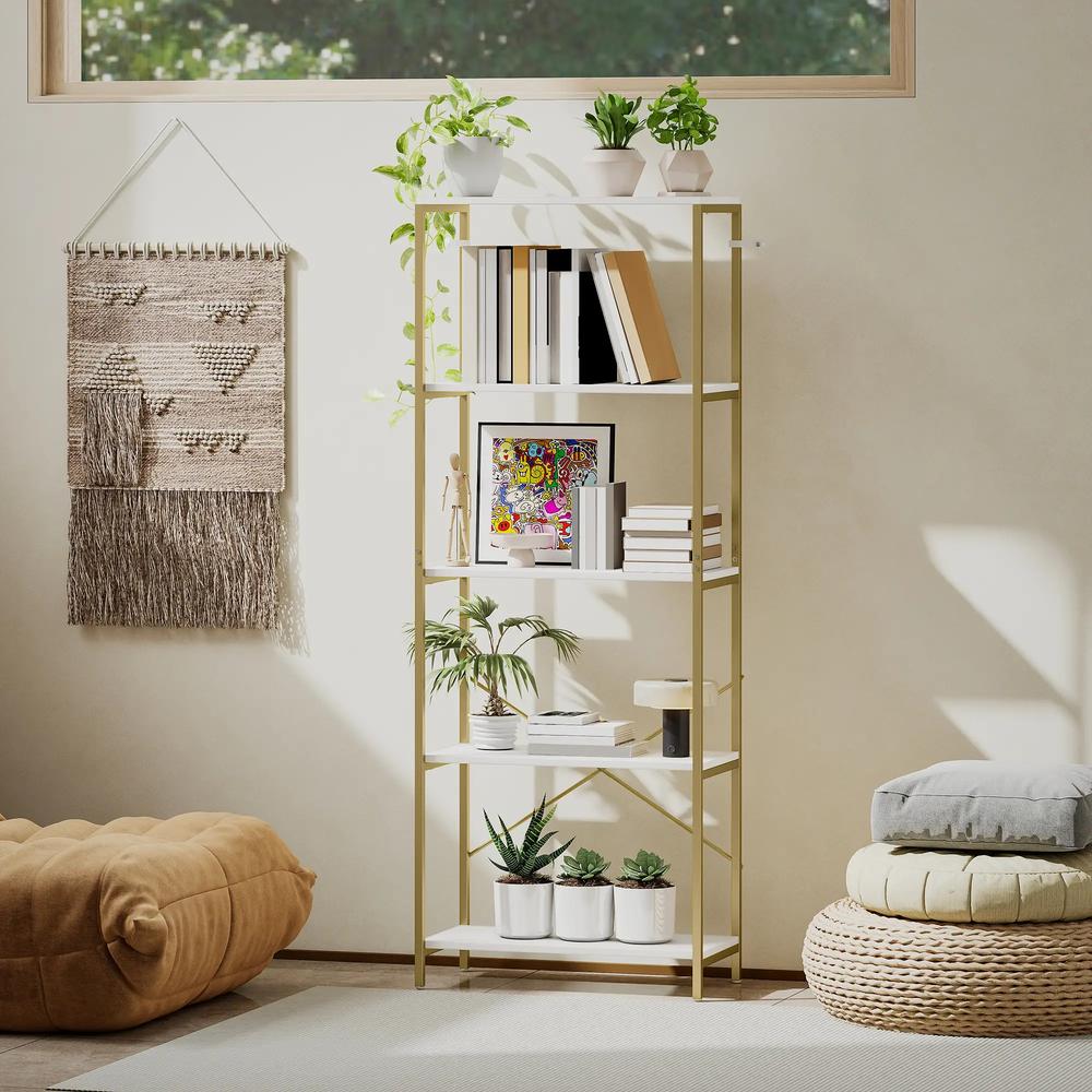 HOMCOM 5-Tier Bookshelf, Modern Bookcase with Metal Frame - White and Gold Tone Additional View 8