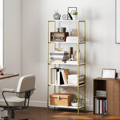 HOMCOM 5-Tier Bookshelf, Modern Bookcase with Metal Frame - White and Gold Tone Additional View 10