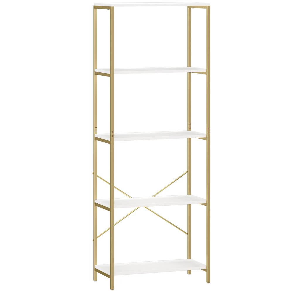 HOMCOM 5-Tier Bookshelf, Modern Bookcase with Metal Frame - White and Gold Tone