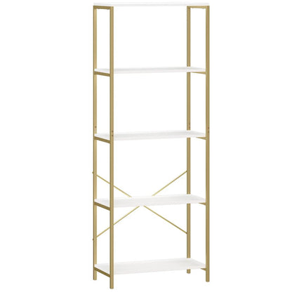 HOMCOM 5-Tier Bookshelf, Modern Bookcase with Metal Frame - White and Gold Tone