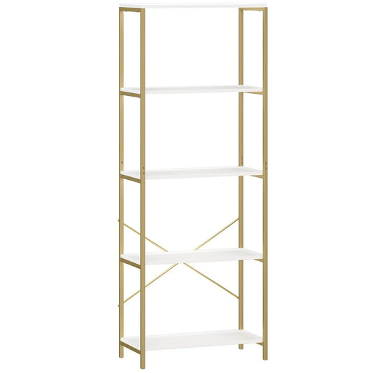 HOMCOM 5-Tier Bookshelf, Modern Bookcase with Metal Frame - White and Gold Tone