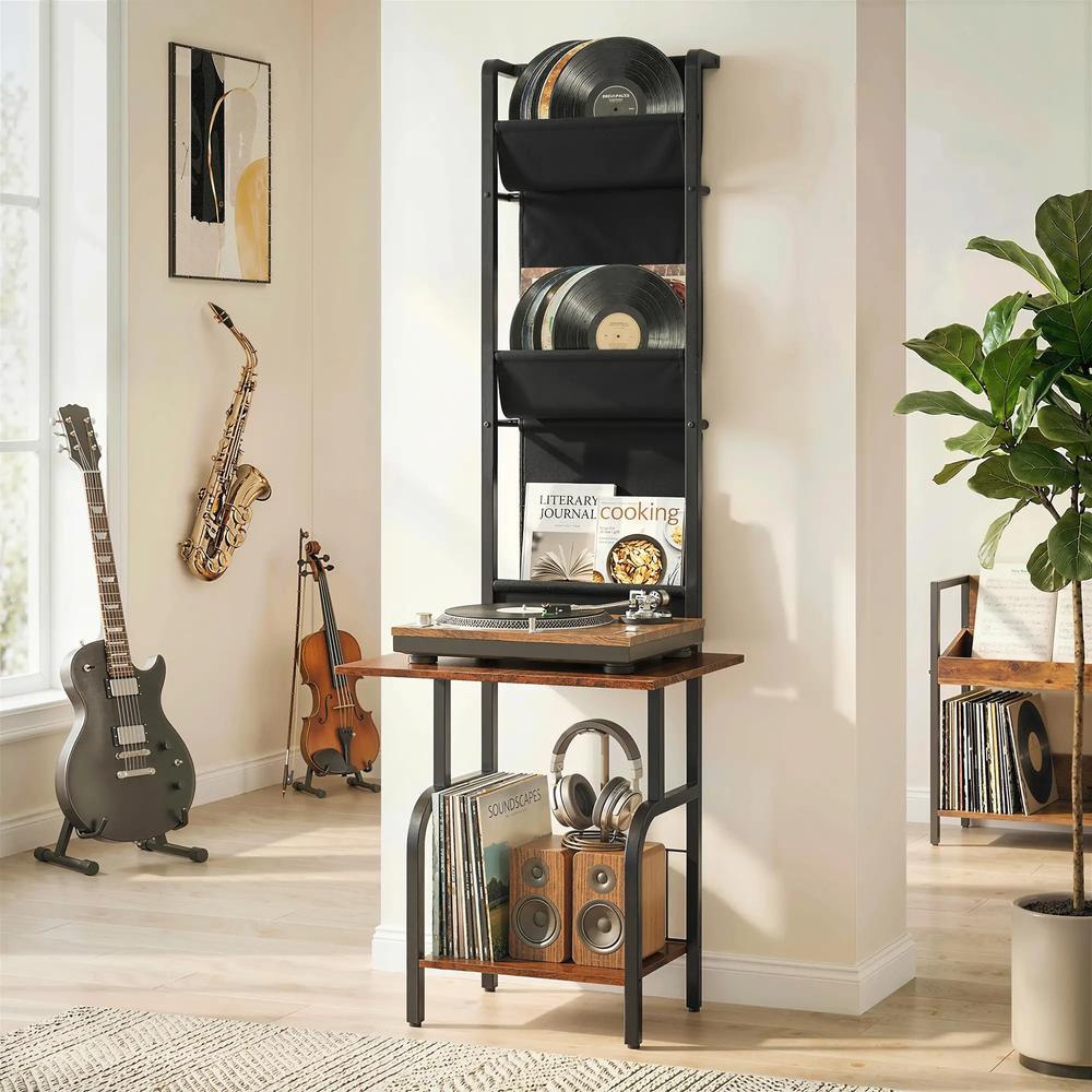 HOMCOM Vinyl Record Player Stand Record Storage with Player Stand Oxford Fabric Pockets Bottom Shelf Additional View 13