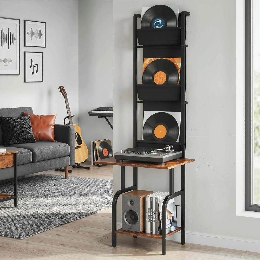 HOMCOM Vinyl Record Player Stand Record Storage with Player Stand Oxford Fabric Pockets Bottom Shelf Additional View 19
