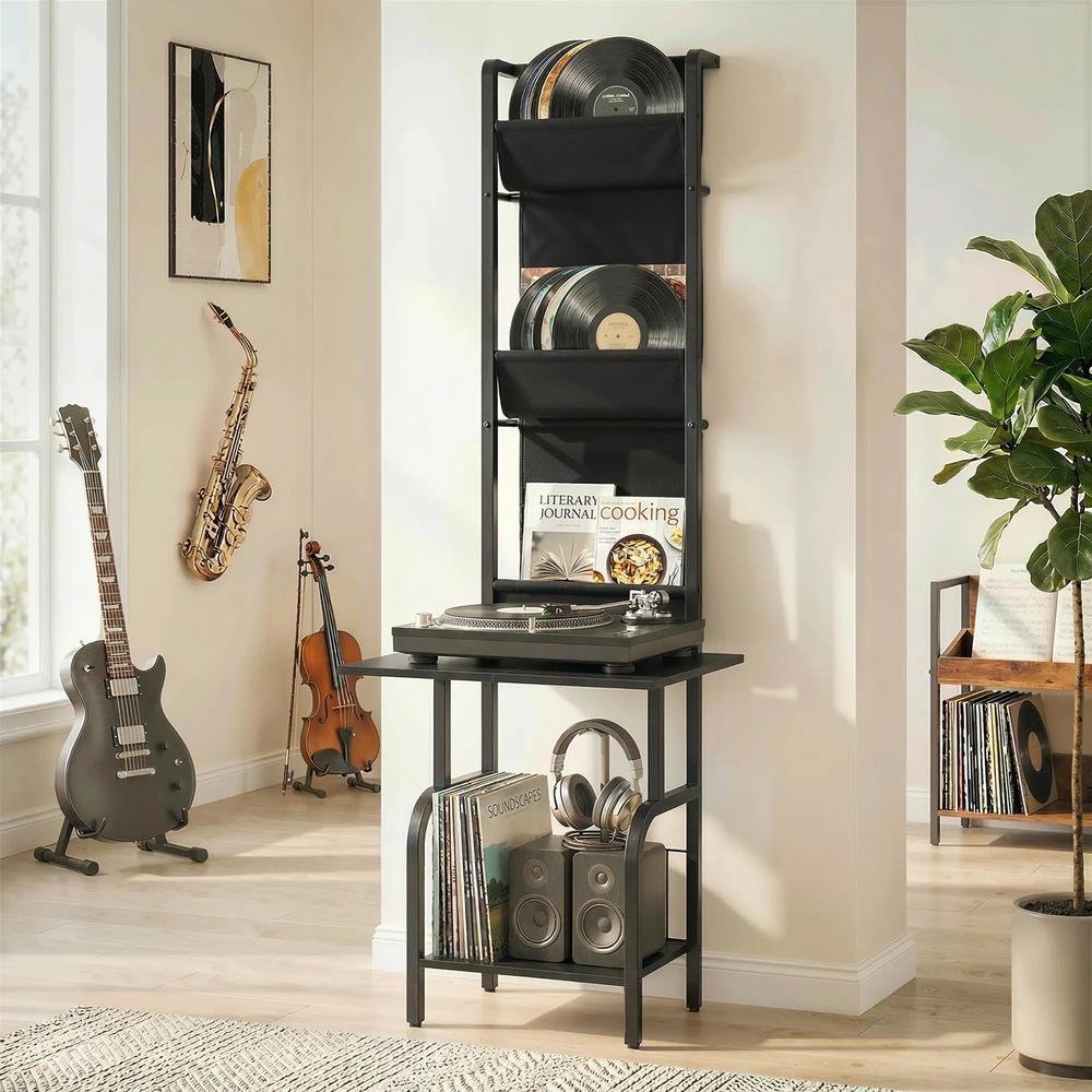 HOMCOM Vinyl Record Player Stand Record Storage with Player Stand Oxford Fabric Pockets Bottom Shelf Additional View 2