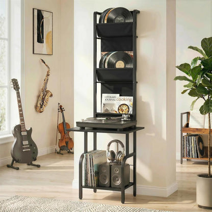 HOMCOM Vinyl Record Player Stand Record Storage with Player Stand Oxford Fabric Pockets Bottom Shelf Additional View 2