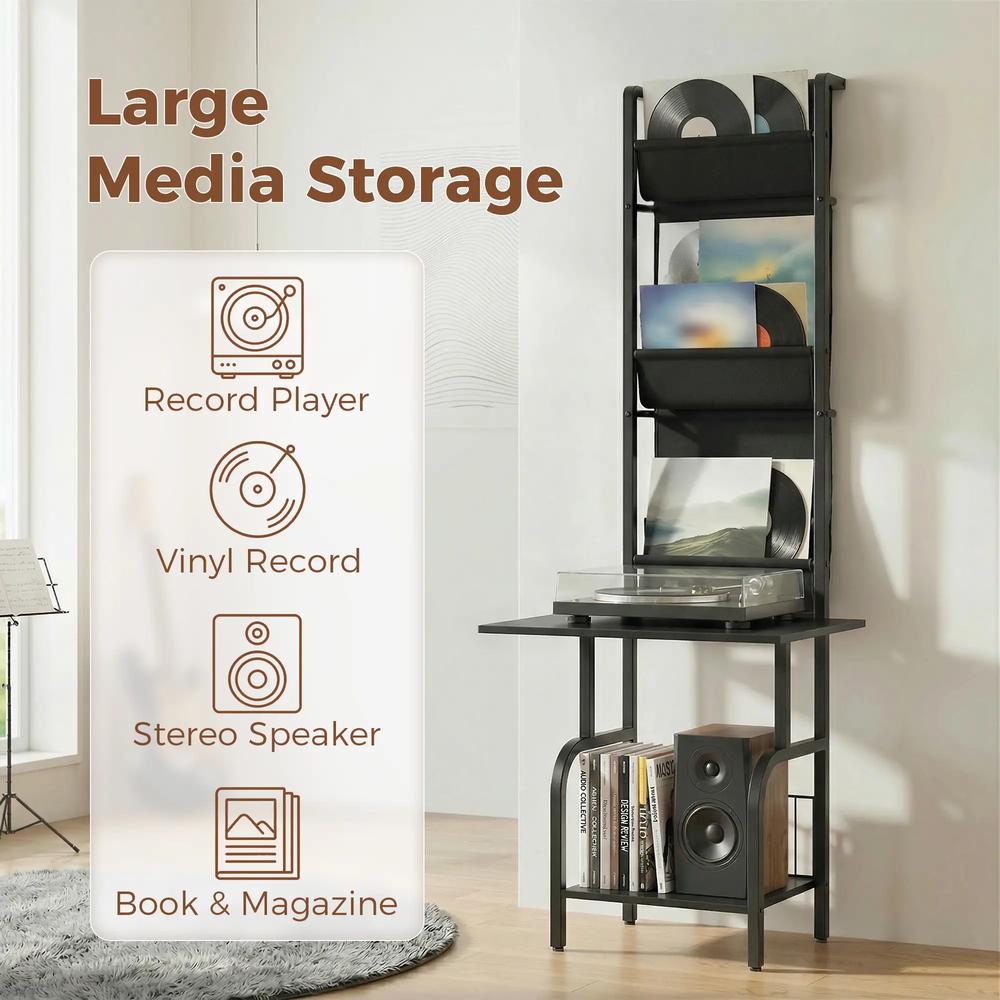 HOMCOM Vinyl Record Player Stand Record Storage with Player Stand Oxford Fabric Pockets Bottom Shelf Additional View 4