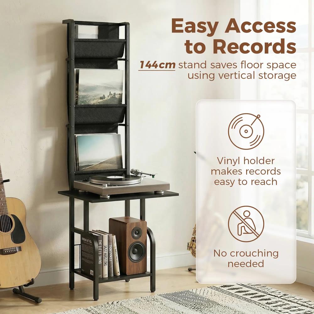 HOMCOM Vinyl Record Player Stand Record Storage with Player Stand Oxford Fabric Pockets Bottom Shelf Additional View 5