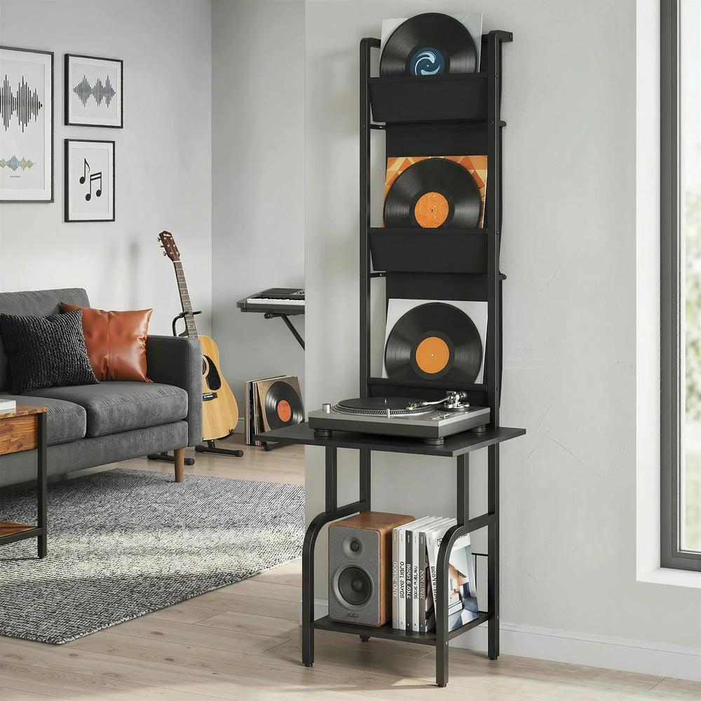 HOMCOM Vinyl Record Player Stand Record Storage with Player Stand Oxford Fabric Pockets Bottom Shelf Additional View 8