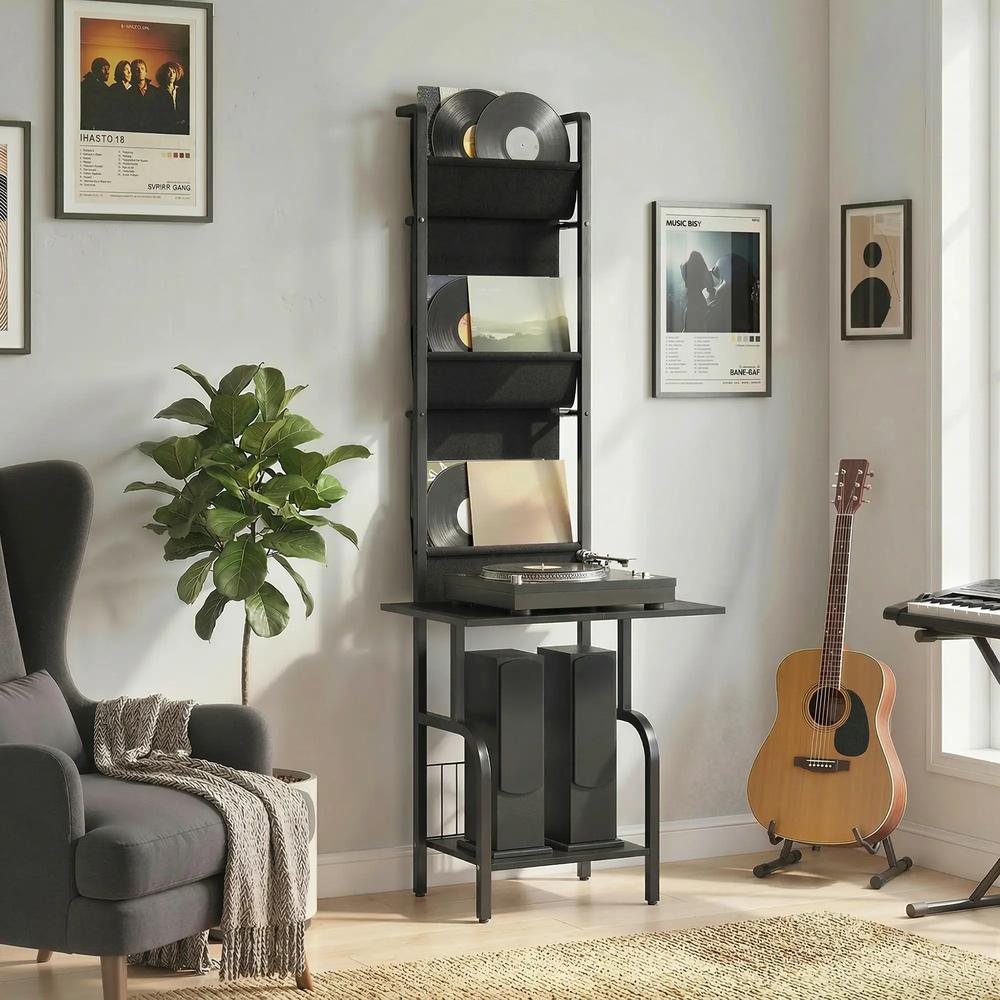 HOMCOM Vinyl Record Player Stand Record Storage with Player Stand Oxford Fabric Pockets Bottom Shelf Additional View 10