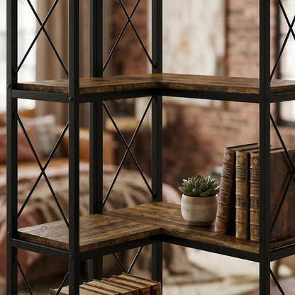 HOMCOM 6-Tier L-Shaped Bookshelf, Freestanding Corner Bookcase with Metal Frame, Rustic Brown Additional View 13