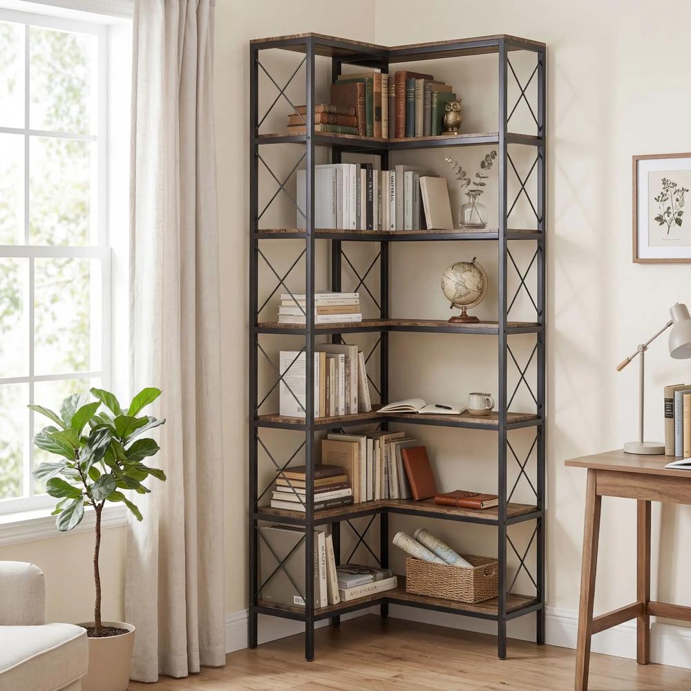 HOMCOM 6-Tier L-Shaped Bookshelf, Freestanding Corner Bookcase with Metal Frame, Rustic Brown Additional View 14